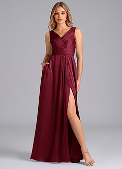Azazie Karina Bridesmaid Dresses Burgundy A-Line Pleated Stretch Satin Dress image1