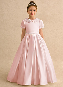 Azazie Gabriella Flower Girl Dresses Blushing Pink Ball-Gown with Sleeves Matte Satin Dress image4