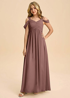 Azazie Lianne Junior Espresso A-Line Off the Shoulder Chiffon Dress image3