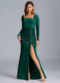 Azazie Addie Bridesmaid Dresses Emerald Sheath Long Sleeve Velvet Dress image5