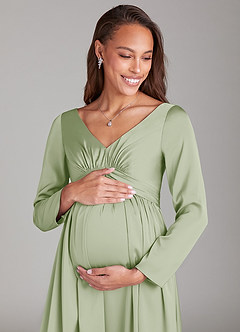 Azazie Teton Schlussverkauf A-Linie Langarm Stretch-Satin Bodenlänge Kleid image2