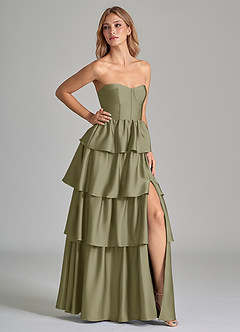 Azazie Faye Robes de demoiselle d'honneur Robe Trapèze en Satin extensible Rayé Pistache image1