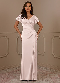 Azazie Roya Mother of the Bride Dresses Blushing Pink Mermaid V-Neck Pleated Stretch Satin Dress image2