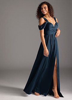 Azazie Lianne Brautjungfernkleider A-Linie Schulterfrei Stretch-Satin Kleid Dunkelmarine image5