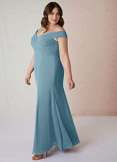 Azazie Lecia Bridesmaid Dresses Moody Blue Empire Off-The-Shoulder Pleated Chiffon Convertible Dress image10