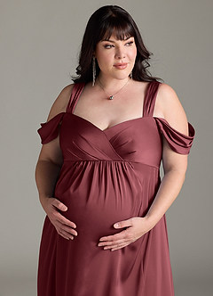 Azazie Rhea Maternity Bridesmaid Dresses A-Line Off-The-Shouler Pleated Stretch Satin Floor-Length Dress image12