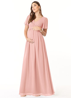 Azazie Verna vestidos de dama de honor de maternidad Vestido de Corte En A Cuello en V fruncido Hasta el suelo Gasa image3