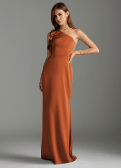 Azazie Rinna Bridesmaid Dresses Cinnamon Mermaid Ruched Stretch Satin Dress image3