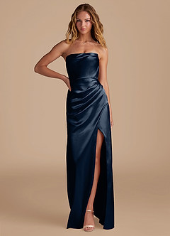 Azazie Leonis Bridesmaid Dresses Dark Navy Mermaid Pleated Metallic Satin Convertible Dress image1