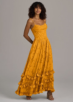 Azazie Lettie Robes de demoiselle d'honneur Robe Trapèze en Blumen-Burnout Corset Caramel écossais image4