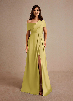 Azazie Milton Mother of the Bride Dresses Canary A-Line Pleated Stretch Satin Dress image7