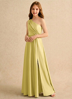 Azazie Puddles Girls Formal Robe Demoiselle D'honneur Fillette Robe Trapèze en Satin extensible Asymétrique Canari image4