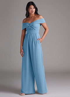 Azazie Lamara Bridesmaid Dresses Steel Blue Off the Shoulder Chiffon Convertible Jumpsuit image4
