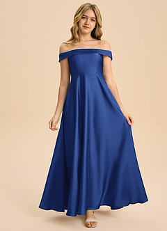 Azazie Sissy Junior Abito A-Line in Raso Elasticizzato a Spalla Scoperta Blu Reale image4