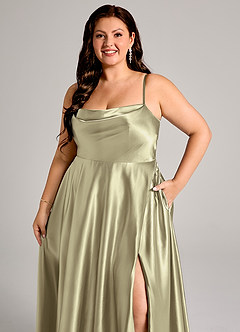 Azazie Elle Bridesmaid Dresses Moss Green A-Line with Pockets Metallic Satin Dress image6
