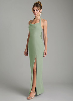 Azazie Arnelle At-home Try On Dresses Dusty Sage Sheath Pleated Chiffon Dress image4