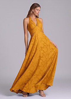 Azazie Tessie Bridesmaid Dresses Butterscotch A-Line Pleated Floral Burnout Dress image5