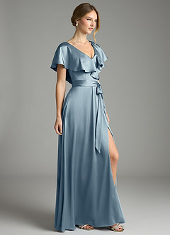 Azazie Lainey Bridesmaid Dresses Dusty Blue A-Line with Pockets Stretch Satin Dress image5