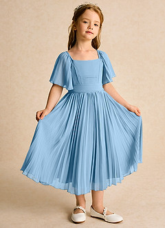 Azazie Gisele Abiti da Ragazza di Fiori Abito A-Line in Chiffon Plissettato Blu Acciaio image5