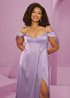 Barbie ♥ Azazie Robes de demoiselle d'honneur Robe Trapèze en Satin extensible Épaule décolletée Frostiges Flieder image6