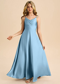 Azazie Bug Junior A라인 주름진 스트레치 새틴 플로어 길이 주니어 신부 들러리 드레스 image2