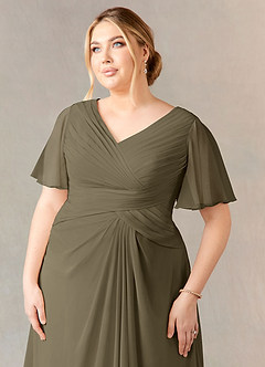 Azazie Morning Glory vestidos de madre de la novia Vestido de Verde Sauce de Gasa de Corte en A con Cuello en V fruncido image9