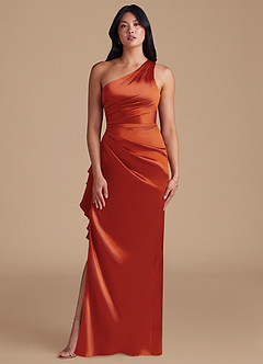 Azazie Latrice Bridesmaid Dresses Paprika Sheath One Shoulder Metallic Satin Dress image2