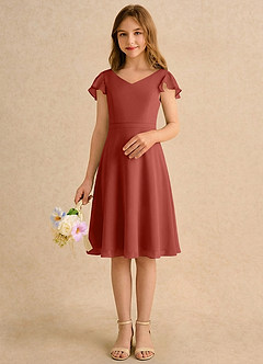 Azazie Narin Girls Formal Robe Demoiselle D'honneur Fillette Robe Trapèze en Mousseline de soie avec manches Terracotta image3