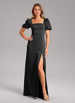 Azazie Fyona Bridesmaid Dresses Black A-Line Pleated Stretch Satin Dress image1