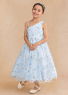 Azazie Ivilia Blumenmädchenkleider A-Linie One-Shoulder Tüll Kleid Himmelblau image4