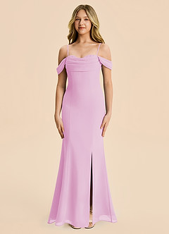 Azazie Nira Junior Vestido Rosa Caramelo de Gasa de Corte Sirena con Drapeado image6