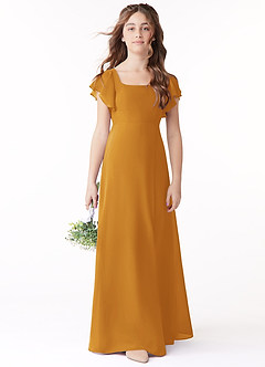 Azazie Bondi Junior Butterscotch A-Line Bow Chiffon Dress image2