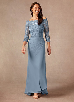 Azazie Rhonda Mother of the Bride Dresses Dusty Blue Mermaid Off the Shoulder Mesh Dress image3
