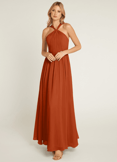 Azazie Jacey Bridesmaid Dresses Burnt Orange A-Line Pleated Chiffon Dress image1