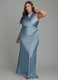 Azazie Evadne Bridesmaid Dresses Dusty Blue Sheath Pleated Stretch Satin Dress image11