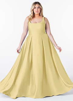 Azazie Neve Vestidos de damas de honor Vestido de Sorbete De Limón de Satén Elástico de Corte Princesa con Con bolsillos image10