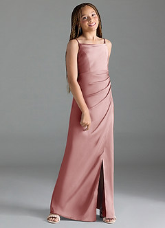 Azazie Leonis Junior Vestido de Rosa Polvorienta de Satén Elástico de Corte En A con Plisado image3