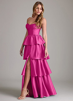 Azazie Faye Bridesmaid Dresses Fuchsia A-Line Ruched Stretch Satin Dress image3