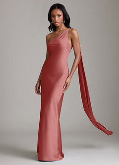 Azazie Galinda Suknie dla druhen Syrena Jedno ramię Satyna elastyczna Do ziemi Sukienka image1