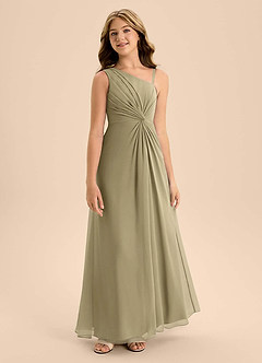 Azazie Brooke Junior Robe Trapèze en Mousseline de soie Fente Latérale Vert Mousse image5