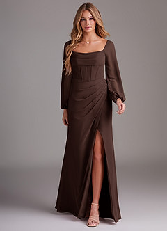 Azazie Charissa Bridesmaid Dresses Ganache Sheath Long Sleeve Chiffon Dress image3