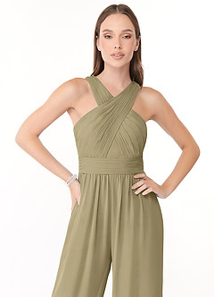 Azazie Berdie Abiti da Damigella Tuta in Chiffon con Scollo Halter Verde Muschio image5