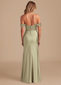 Azazie Saige Bridesmaid Dresses Moss Green A-Line Off the Shoulder Metallic Satin Convertible Dress image4