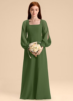 Azazie Bondi Junior Olive A-Line Blouson Chiffon Dress image4