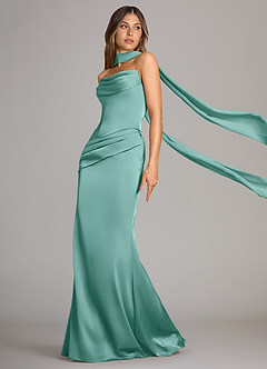 Azazie Sorrel Bridesmaid Dresses Aqua Mermaid Strapless Stretch Satin Convertible Dress image4