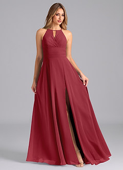 Azazie Denver Bridesmaid Dresses Pomegranate A-Line Pleated Chiffon Dress image3