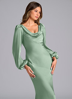Azazie Rylina Bridesmaid Dresses Agave Mermaid Long Sleeve Stretch Satin Dress image6
