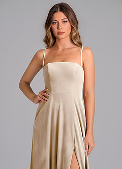 Azazie Wren Brautjungfernkleider A-Linie Schulterfrei Samt Kleid Champagner image2