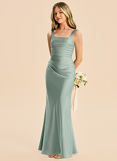Azazie Agustina Junior Agave Sheath Pleated Stretch Satin Dress image1