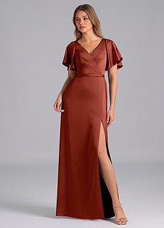 Azazie Ambrosia Bridesmaid Dresses Terracotta A-Line Pleated Stretch Satin Dress image1